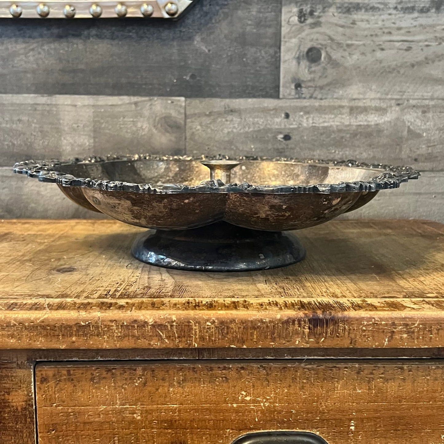 Vintage Silverplated Scallop Rim Large Lazy Susan Bowl with Candlestick Holder Center