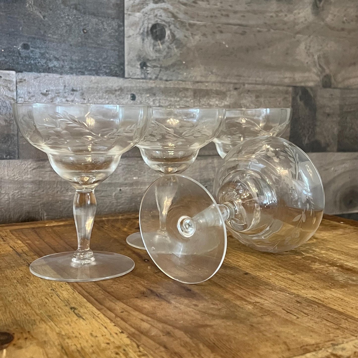 Vintage Set of 4 Crystal Floral and Leaf Etched Champagne Coupes - Cocktail Coupes