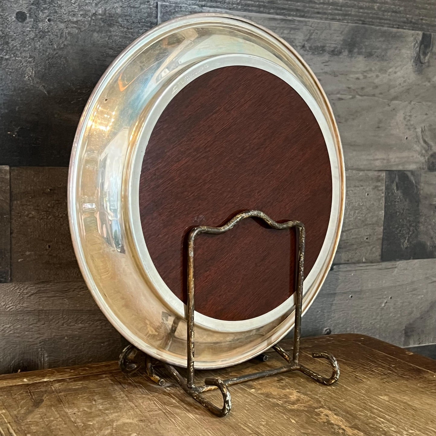 Vintage F B Rogers Silver Co Silverplated and Wood Grain Round Tray