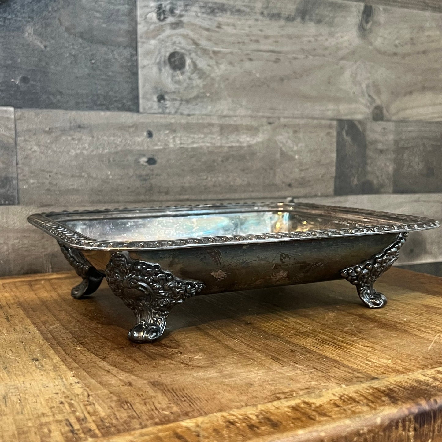 Vintage Bernard Rices Sons Apollo EPC Copper Mounts 8132 Footed Rectangular Braided Rim Silverplated Dish