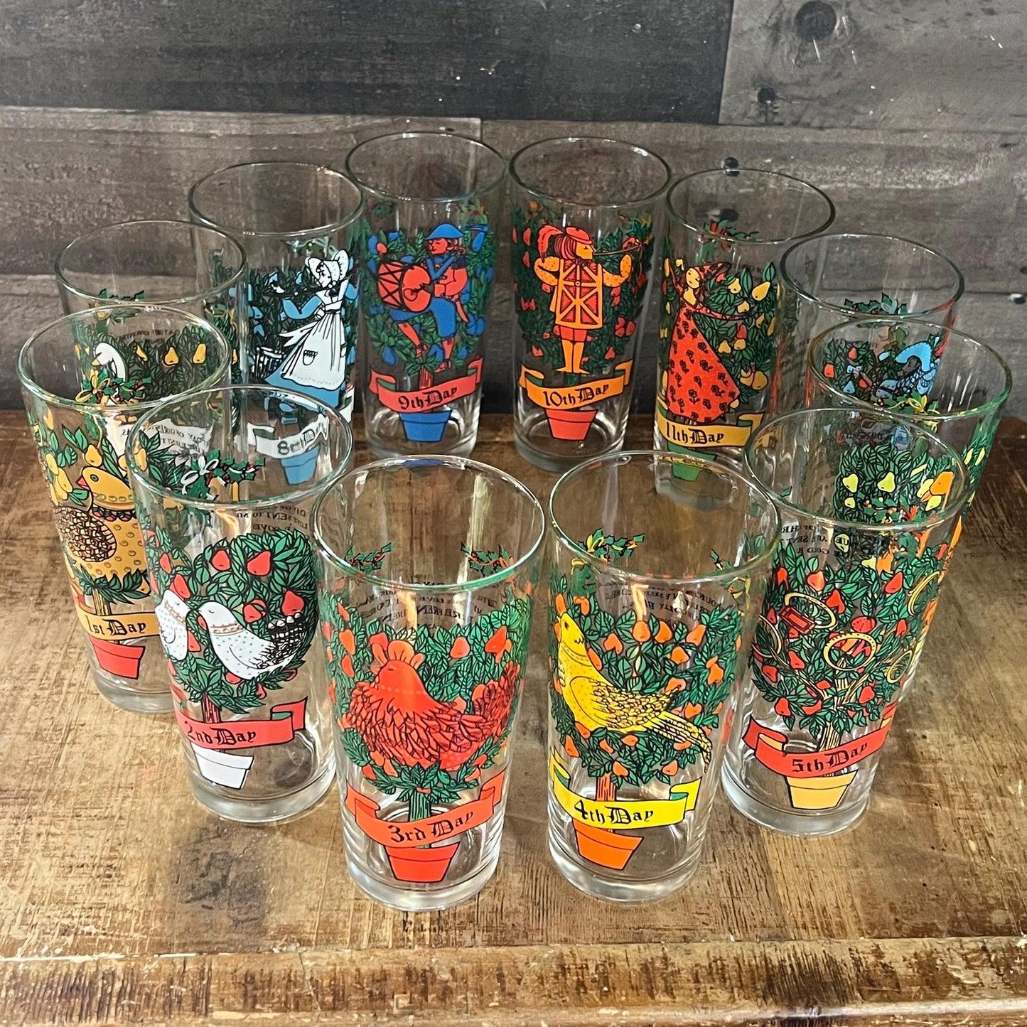 Vintage Twelve Days of Christmas Tall Glasses - Set of 12 Glasses