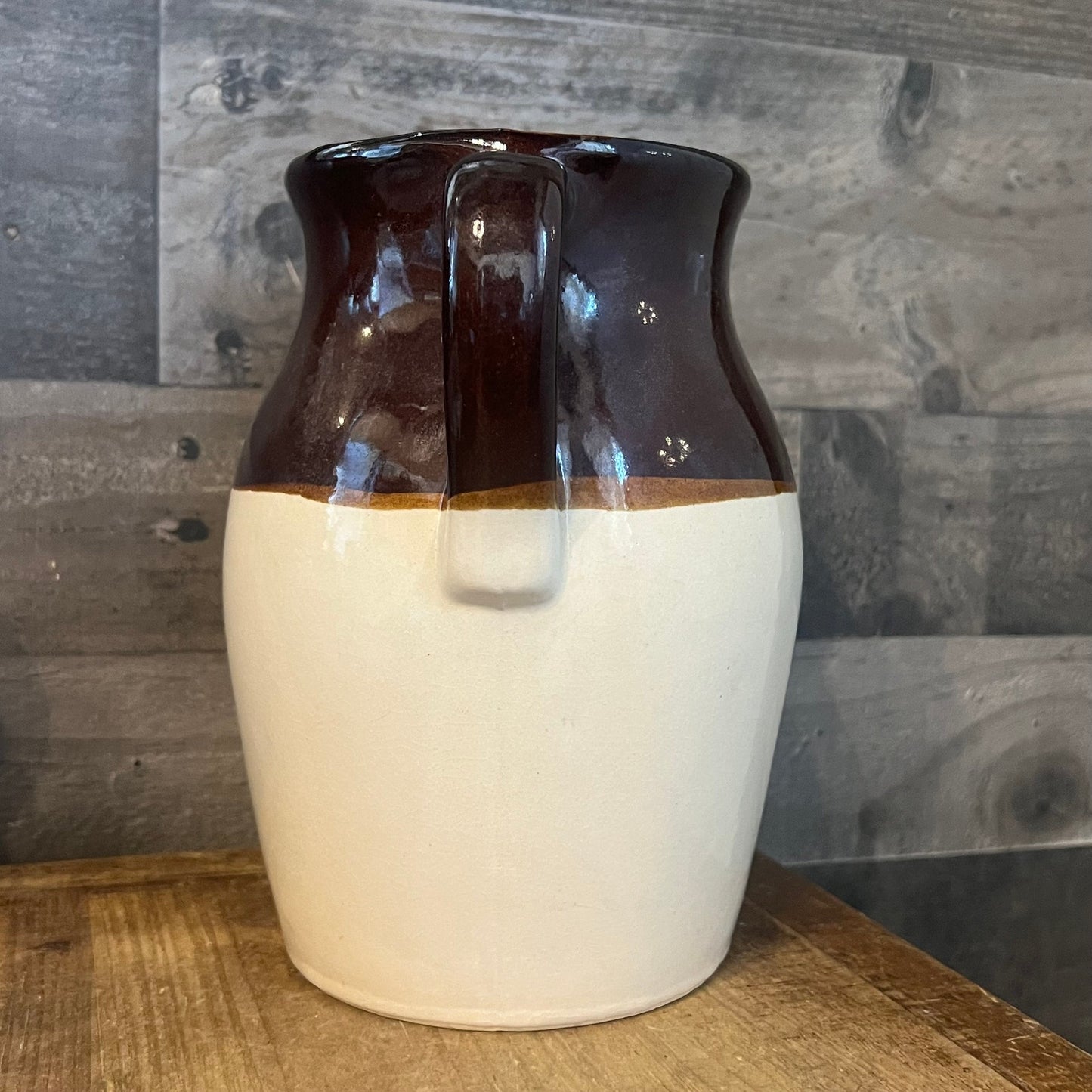 Vintage Rustic Stoneware Handled Brown and Beige Pitcher Jug