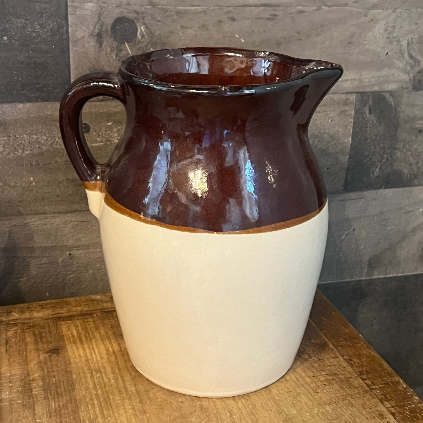 Vintage Rustic Stoneware Handled Brown and Beige Pitcher Jug