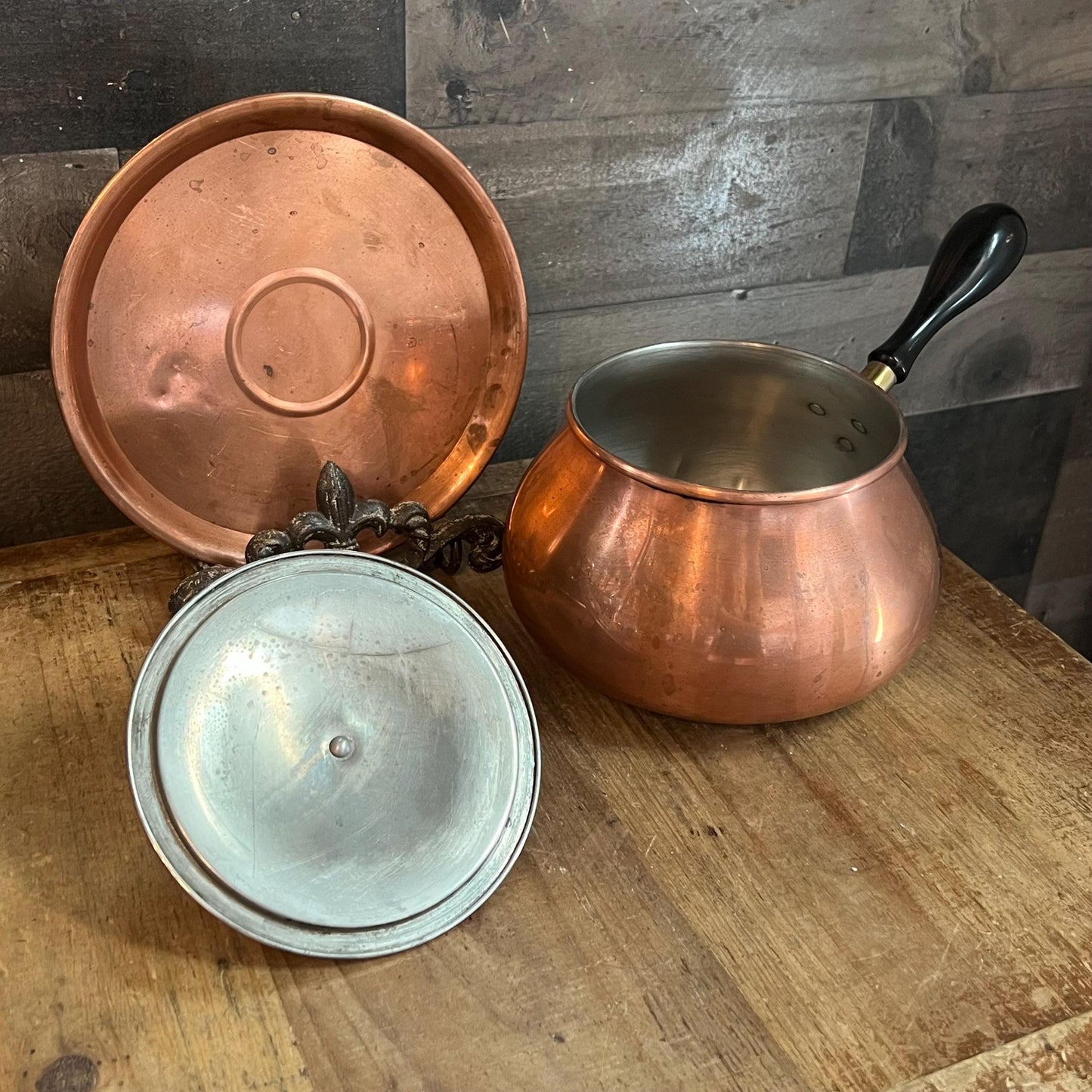 Vintage Taurus Copper Lidded Handled Pot with Copper Underplate - Made in Portugal