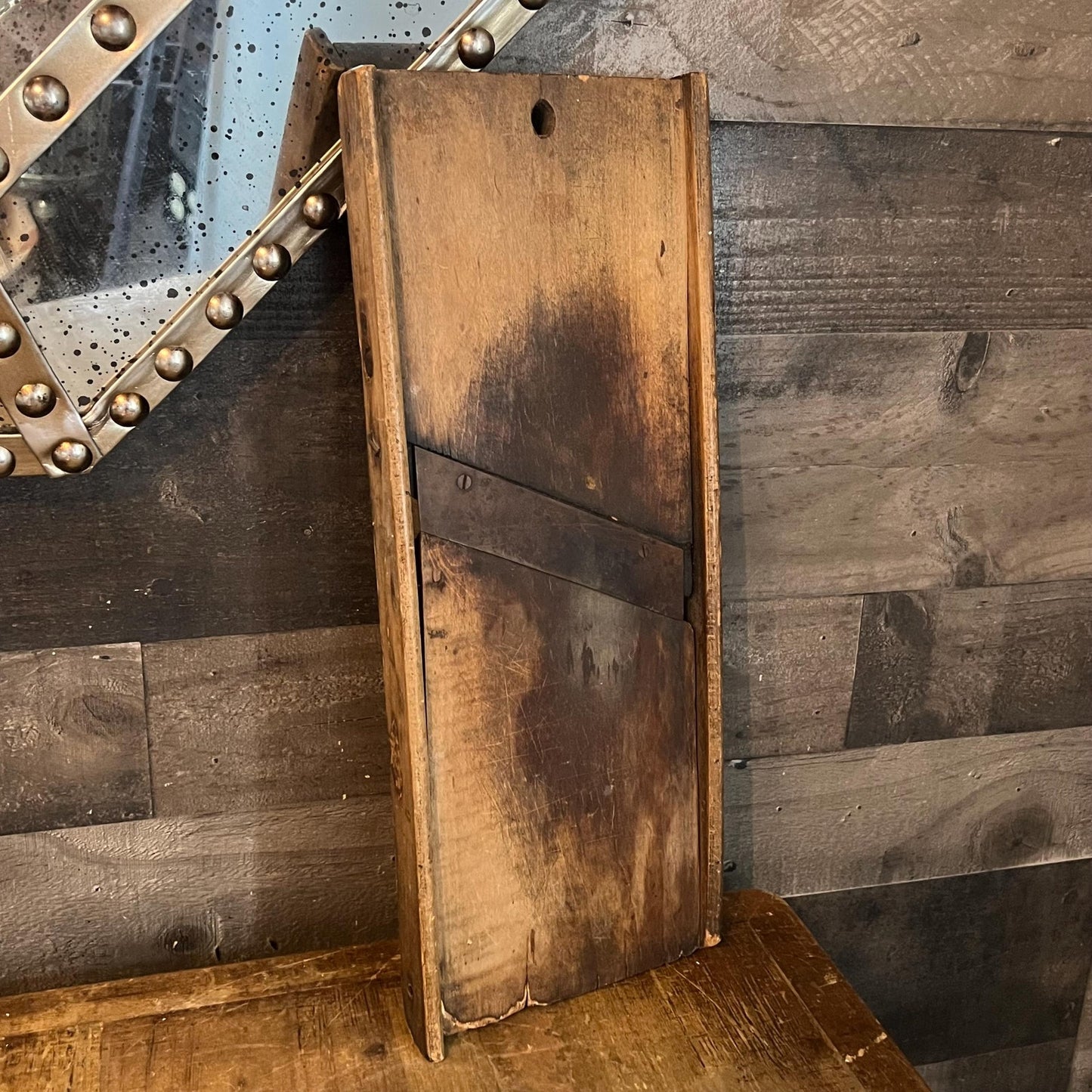 Antique Rustic Wooden and Metal Rectangular Slicer - Primitive Kitchen - Cabbage Cutter
