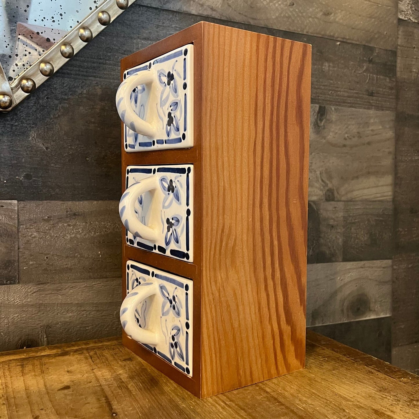 Vintage Wood Spice Cabinet Box with 3 White and Blue Ceramic Drawers
