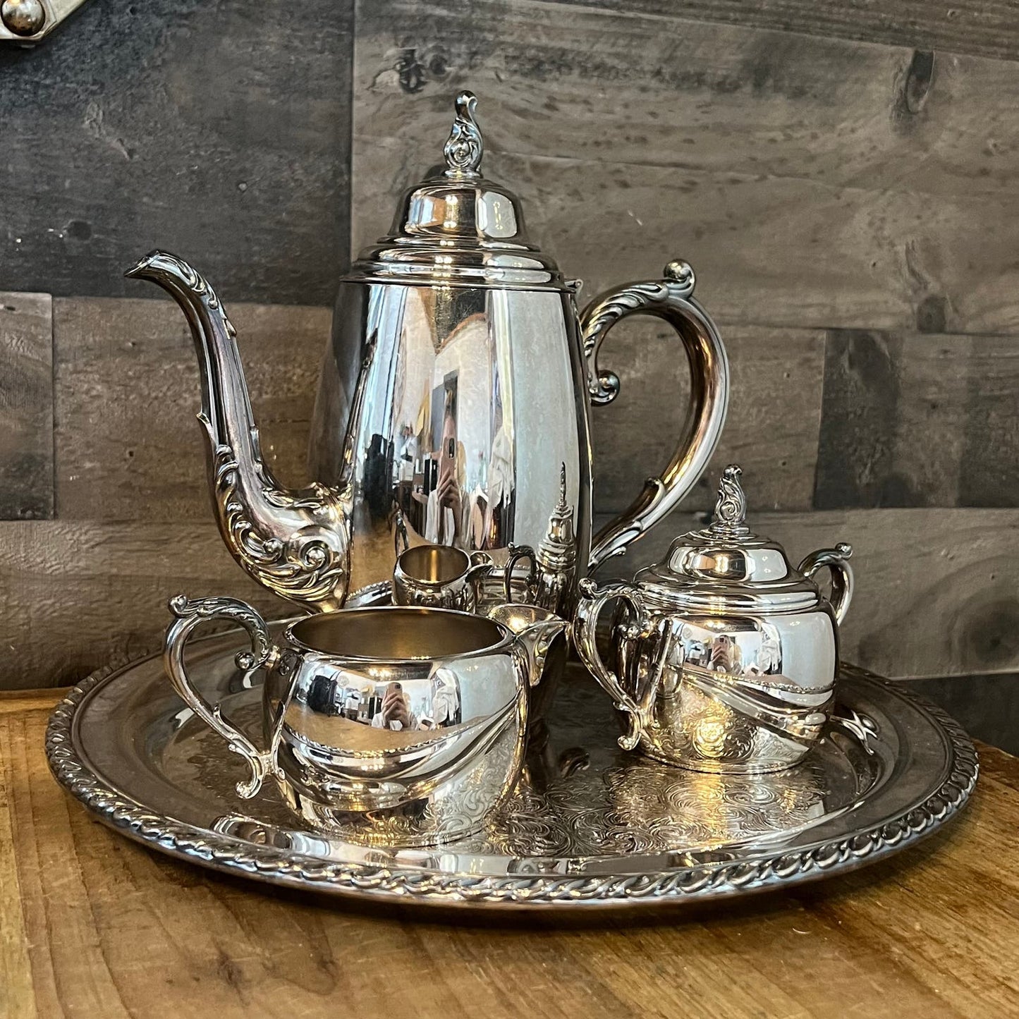 Vintage WM Rogers Silverplated Tea Set - Round Serving Tray, Teapot, Creamer Pour and Sugar Dish