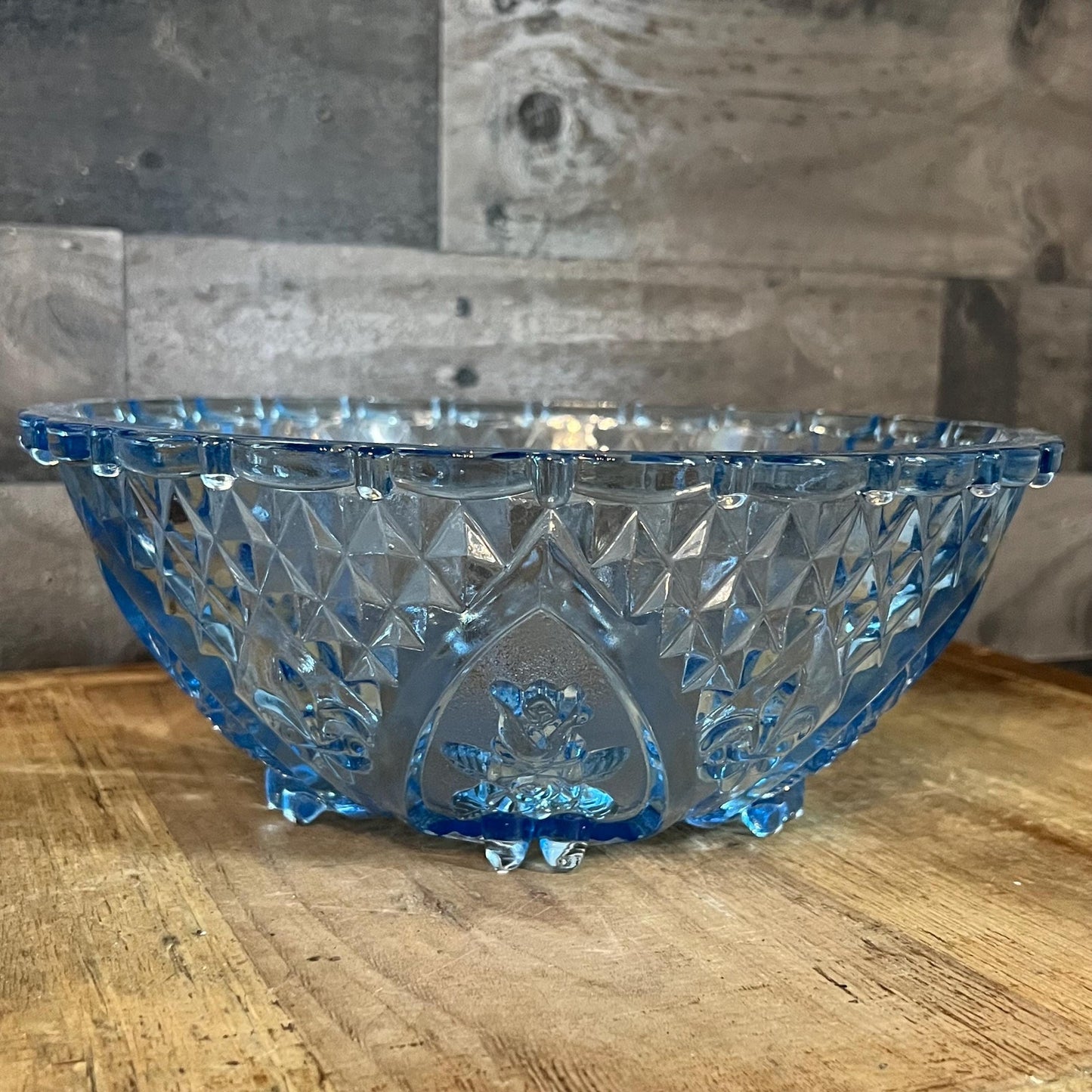 Vintage Blue Glass Footed Scallop Rim Rose and Diamond Point Bowl