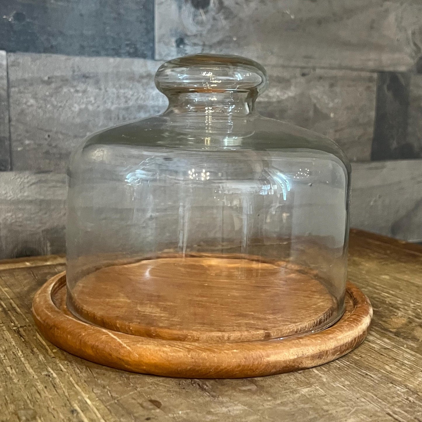 Vintage Round Dolphin Teakwood Cheese Board and Glass Dome