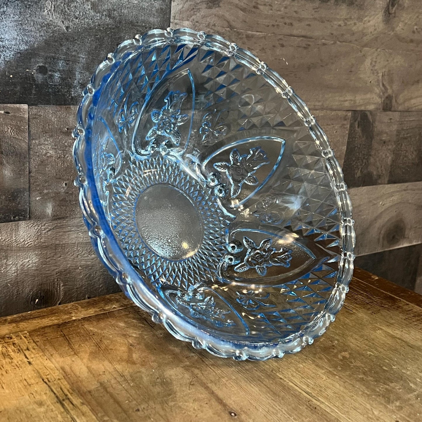 Vintage Blue Glass Footed Scallop Rim Rose and Diamond Point Bowl