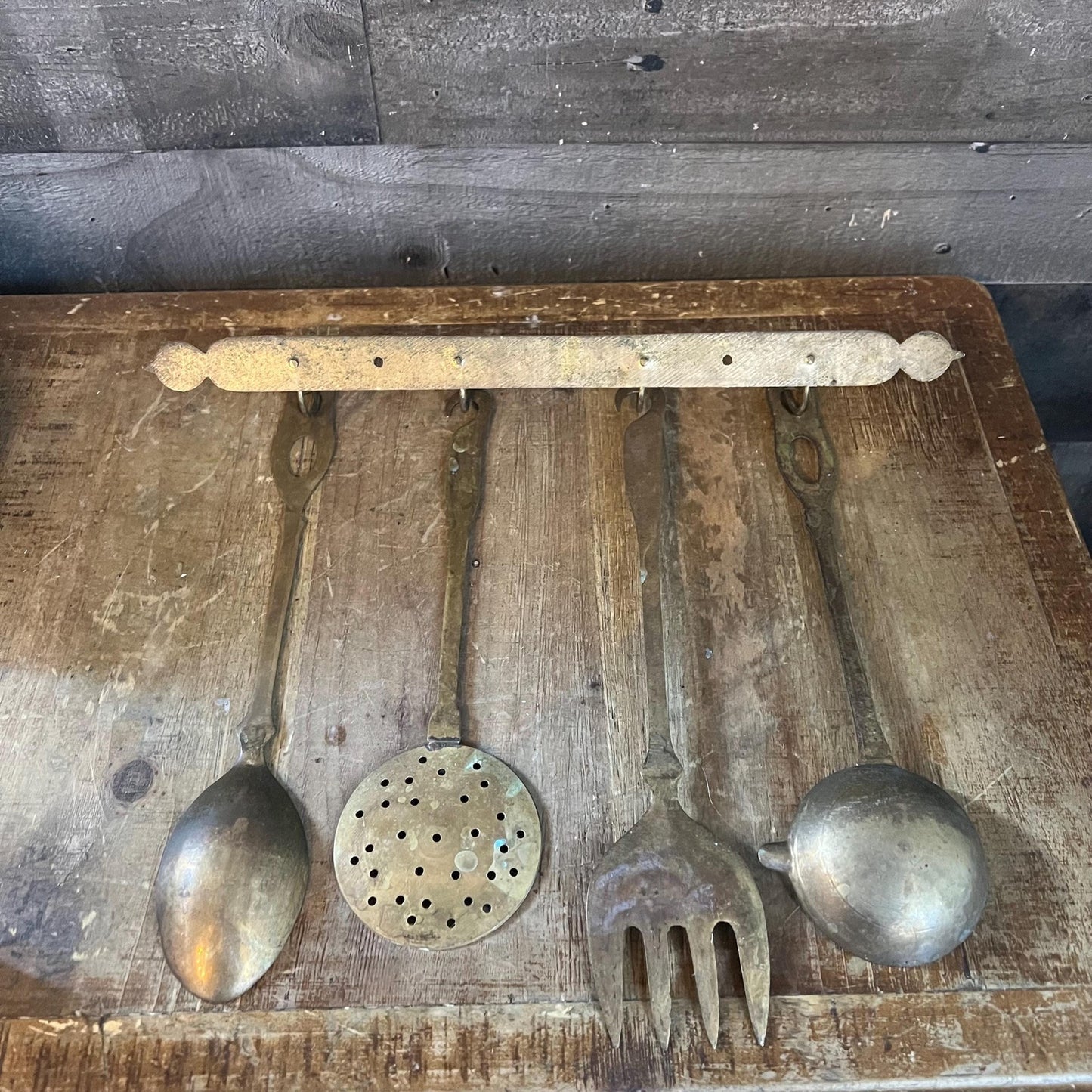 Solid Brass Serving Utensil Set with Wall Mounted Holder