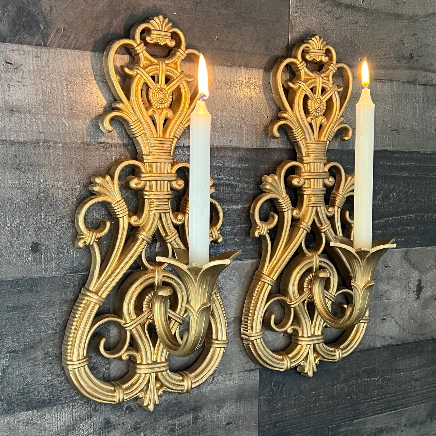 Vintage Pair of Gold Tone Dart Industries Candlestick Holder Wall Sconces