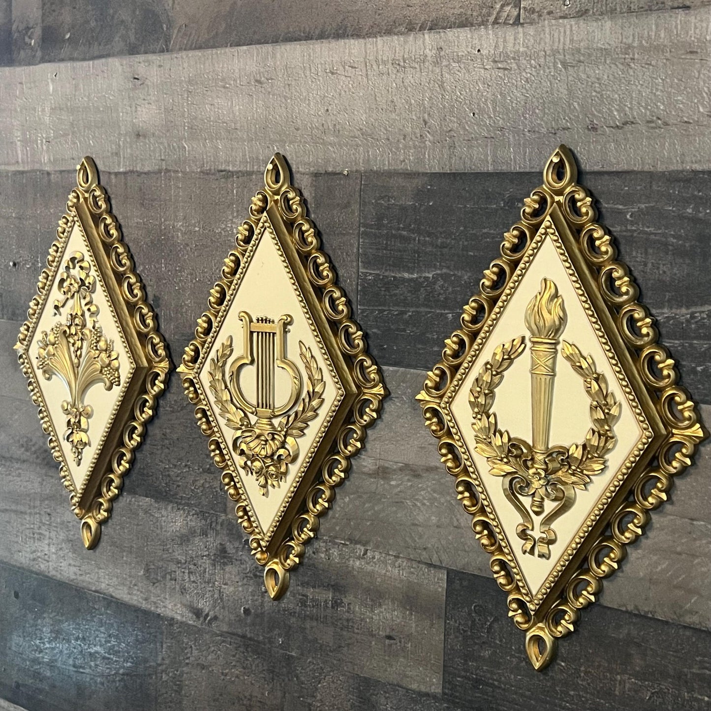 Vintage Homco Diamond Shaped Gold and Beige Tone Wall Plaques - Set of 3