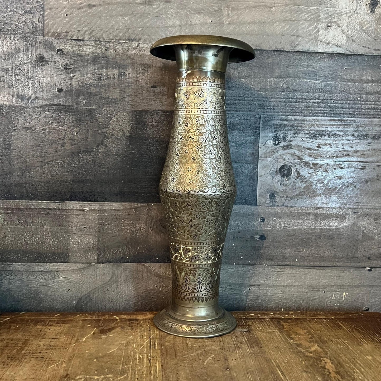 Tall Vintage Etched Brass Vase