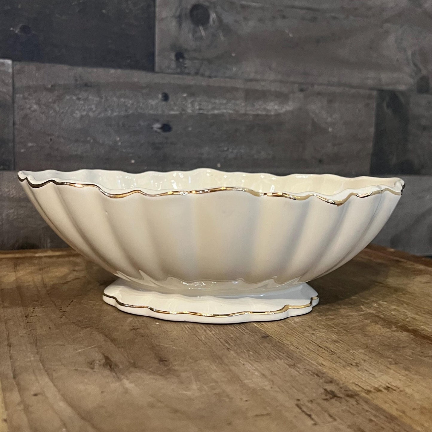 Ivory Scallop Rim Oval Dish with Gold Tone Rim