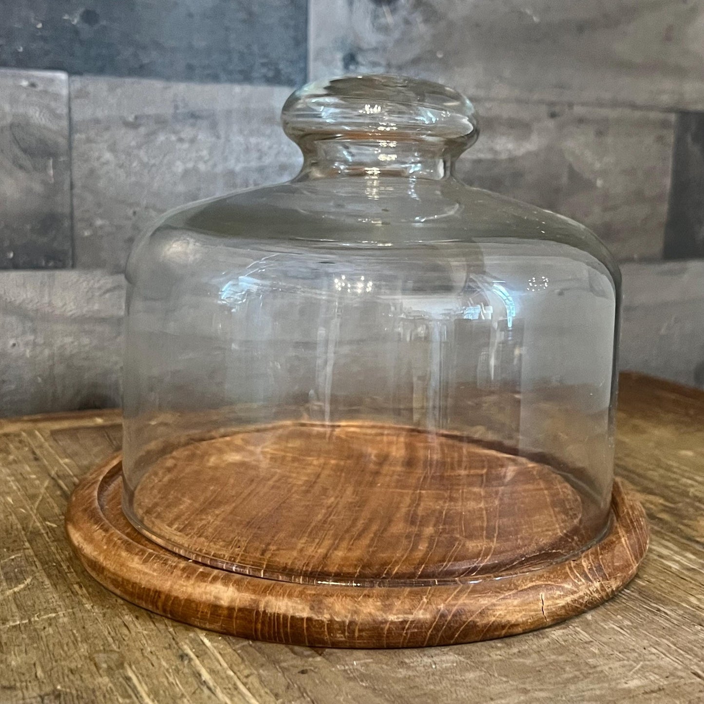 Vintage Round Dolphin Teakwood Cheese Board and Glass Dome