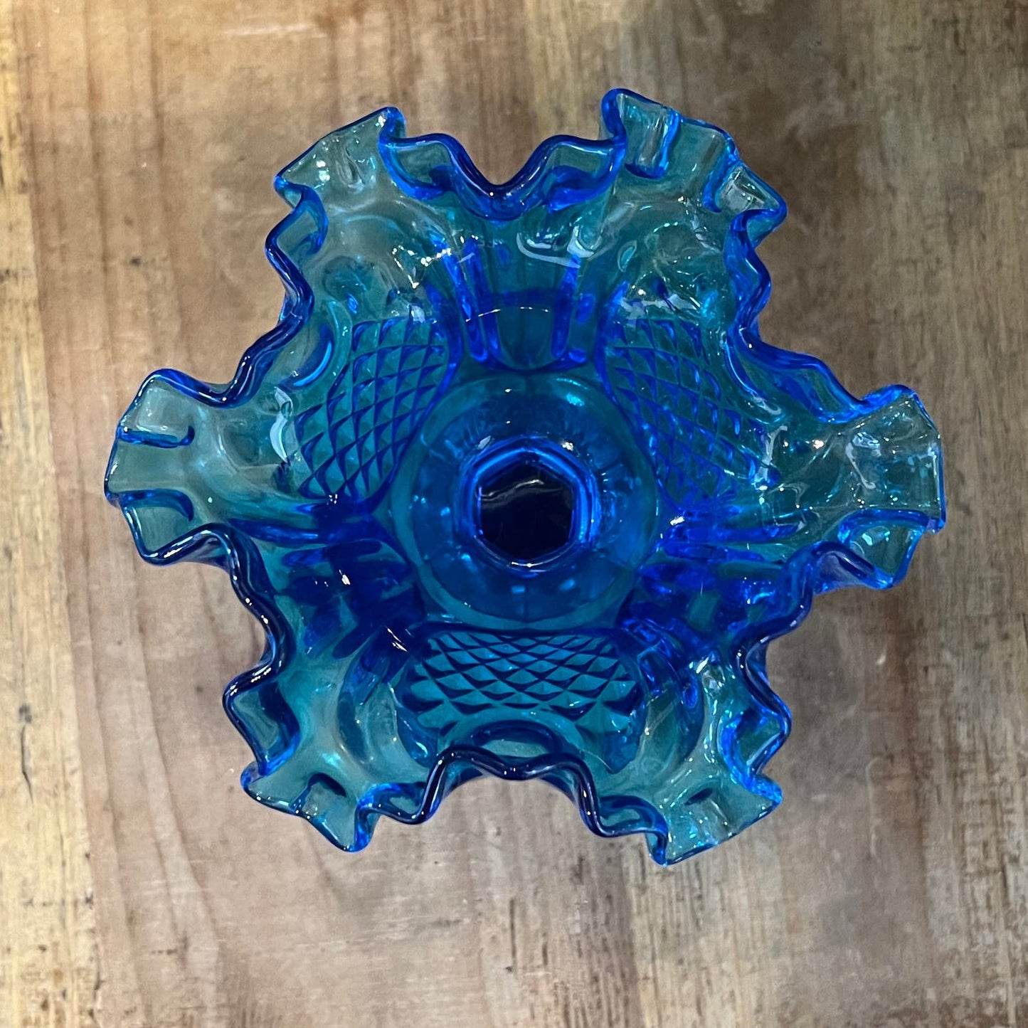 Vintage Fenton Blue Colonial Pineapple Pattern Ruffled Edge Rim Compote Long Stem Candy Dish