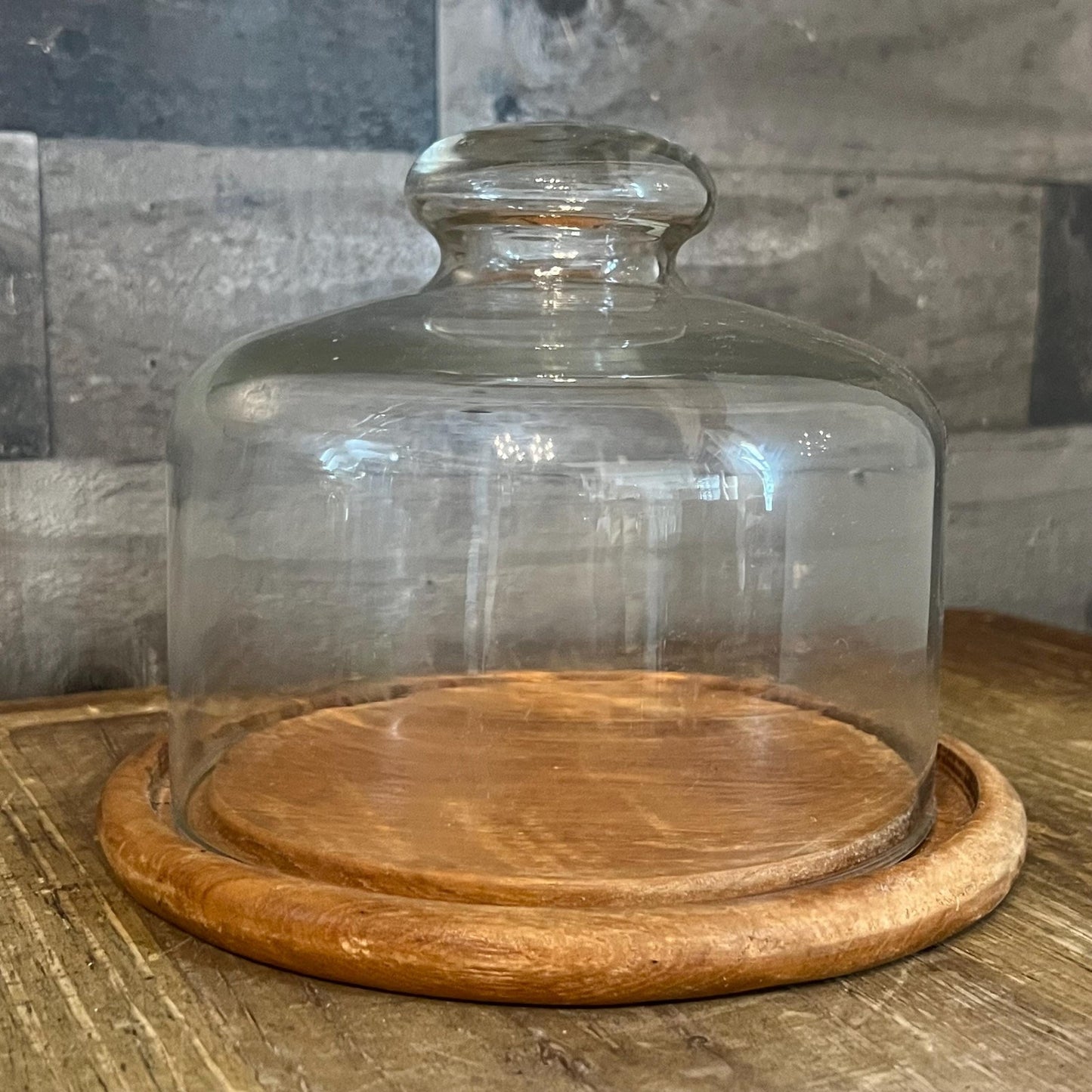 Vintage Round Dolphin Teakwood Cheese Board and Glass Dome
