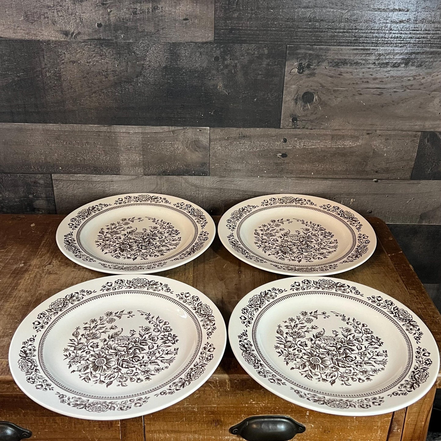 Royal USA Sussex Cavalier Ironstone Brown and White Floral Dinner Plates - Set of 4
