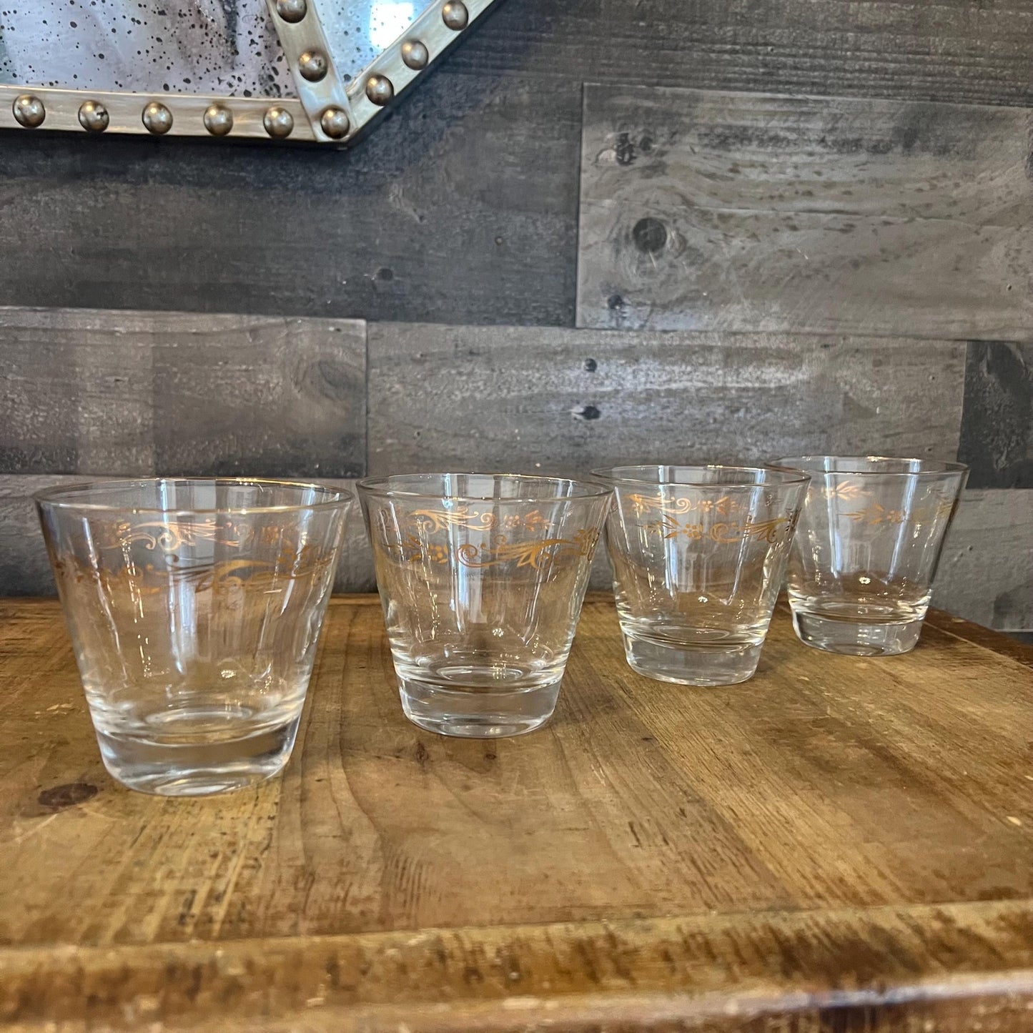 Vintage MCM Homer Laughlin Gold Tone Leaf Design Low Ball Rocks Glasses - Set of 4