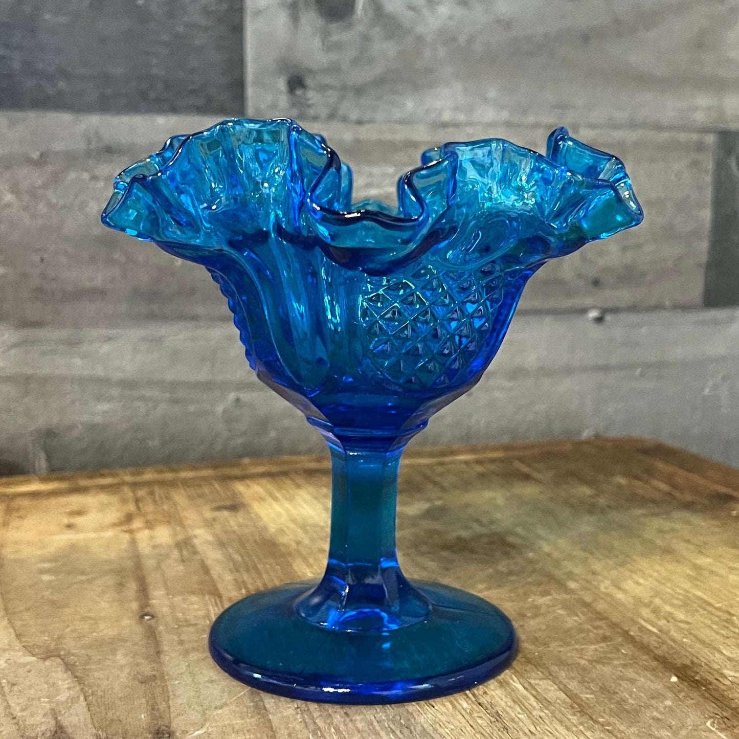 Vintage Fenton Blue Colonial Pineapple Pattern Ruffled Edge Rim Compote Long Stem Candy Dish