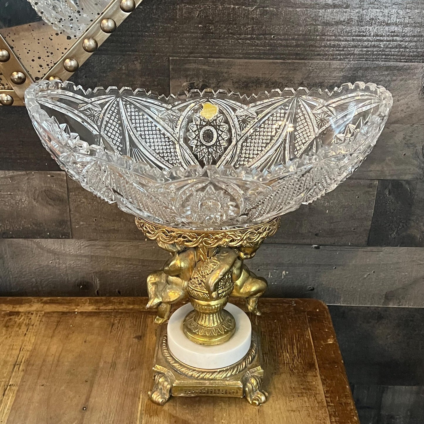 Vintage Thick Cut Crystal Oval Bowl with Gold Tone Brass Cherub Angel Pedestal and Marble Footed Base