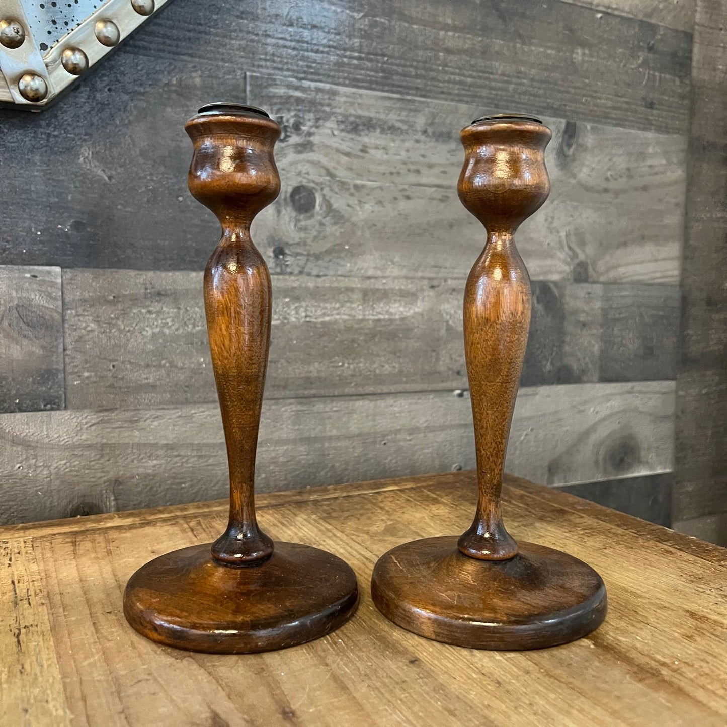 Vintage Pair of Wooden Candlestick Holders