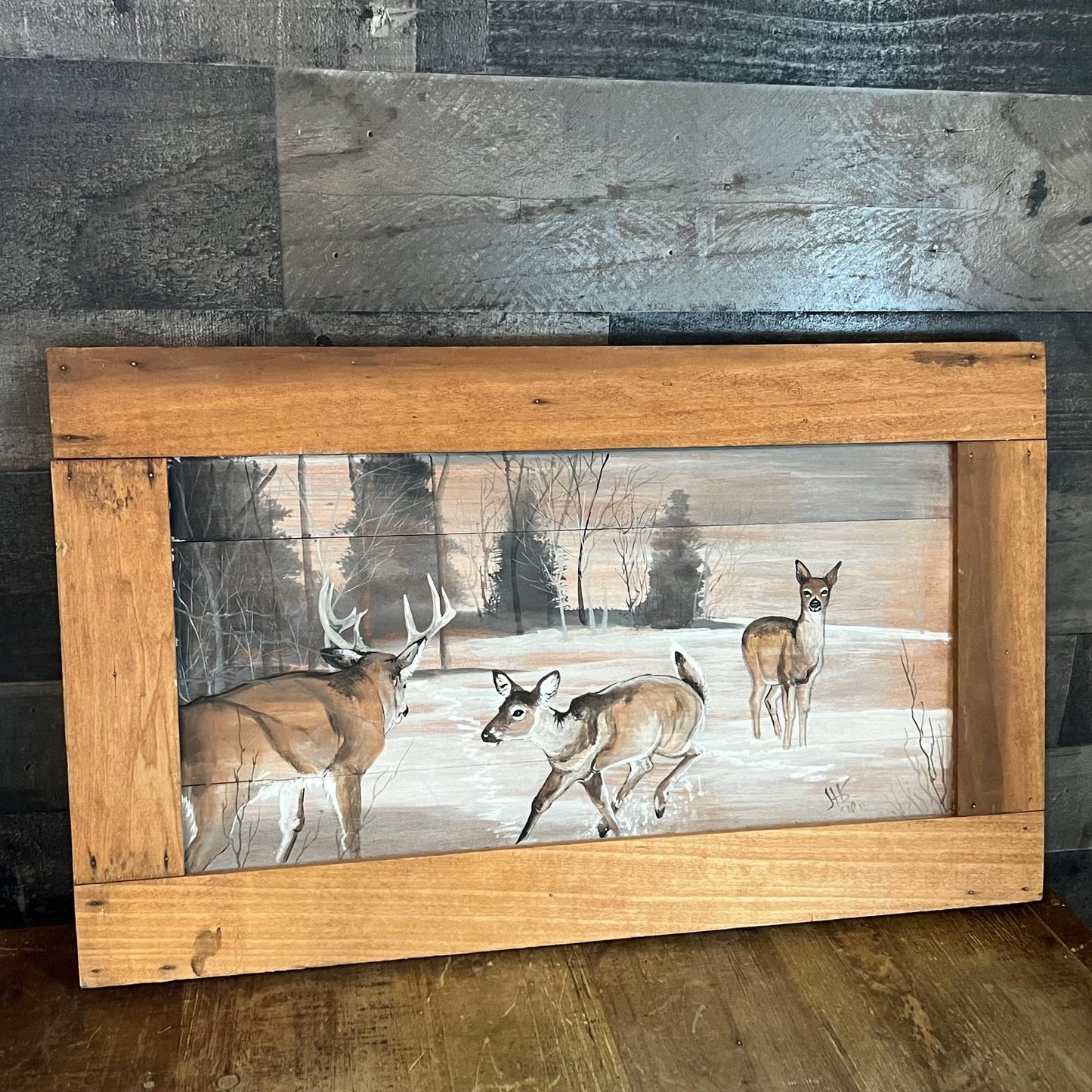 Vintage Rectangular Rustic Painted Wood Winter Forest Deer Scene