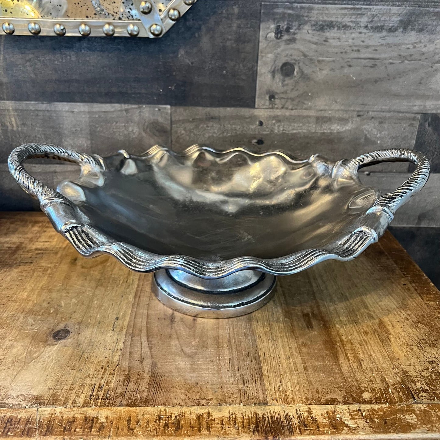 Vintage Silver Tone Wavy Rim Handled Large Footed Compote Bowl