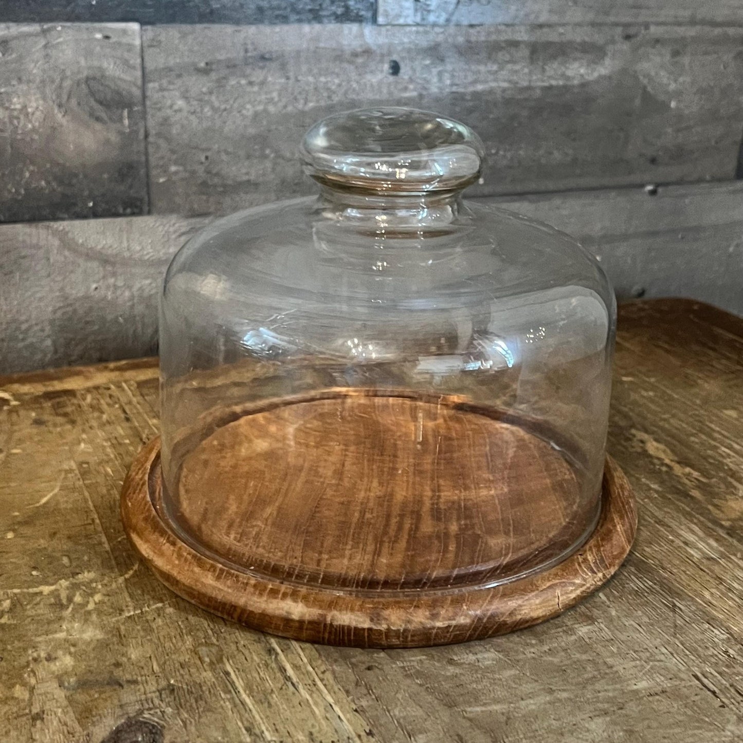 Vintage Round Dolphin Teakwood Cheese Board and Glass Dome
