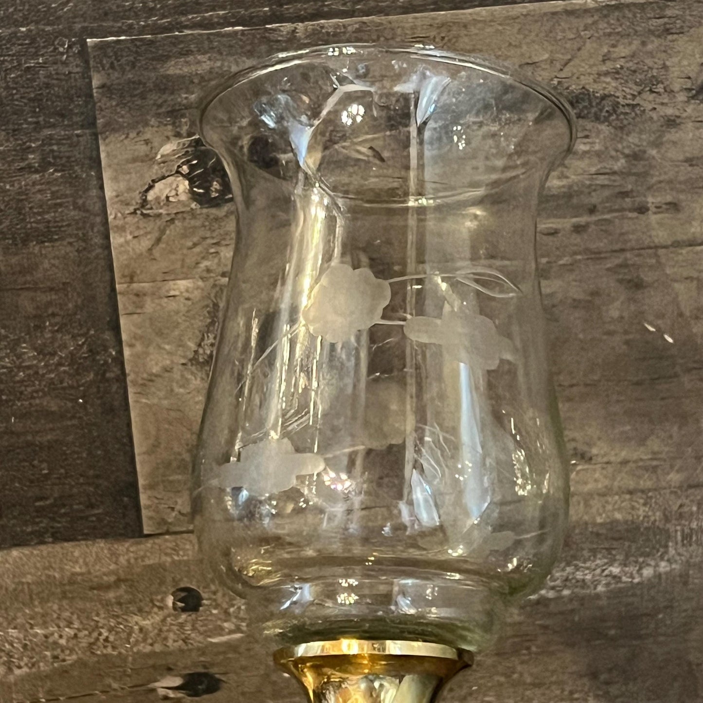 Vintage Pair of Brass Candlestick Holder Wall Sconces with Floral Etched Glass Hurricane Votives