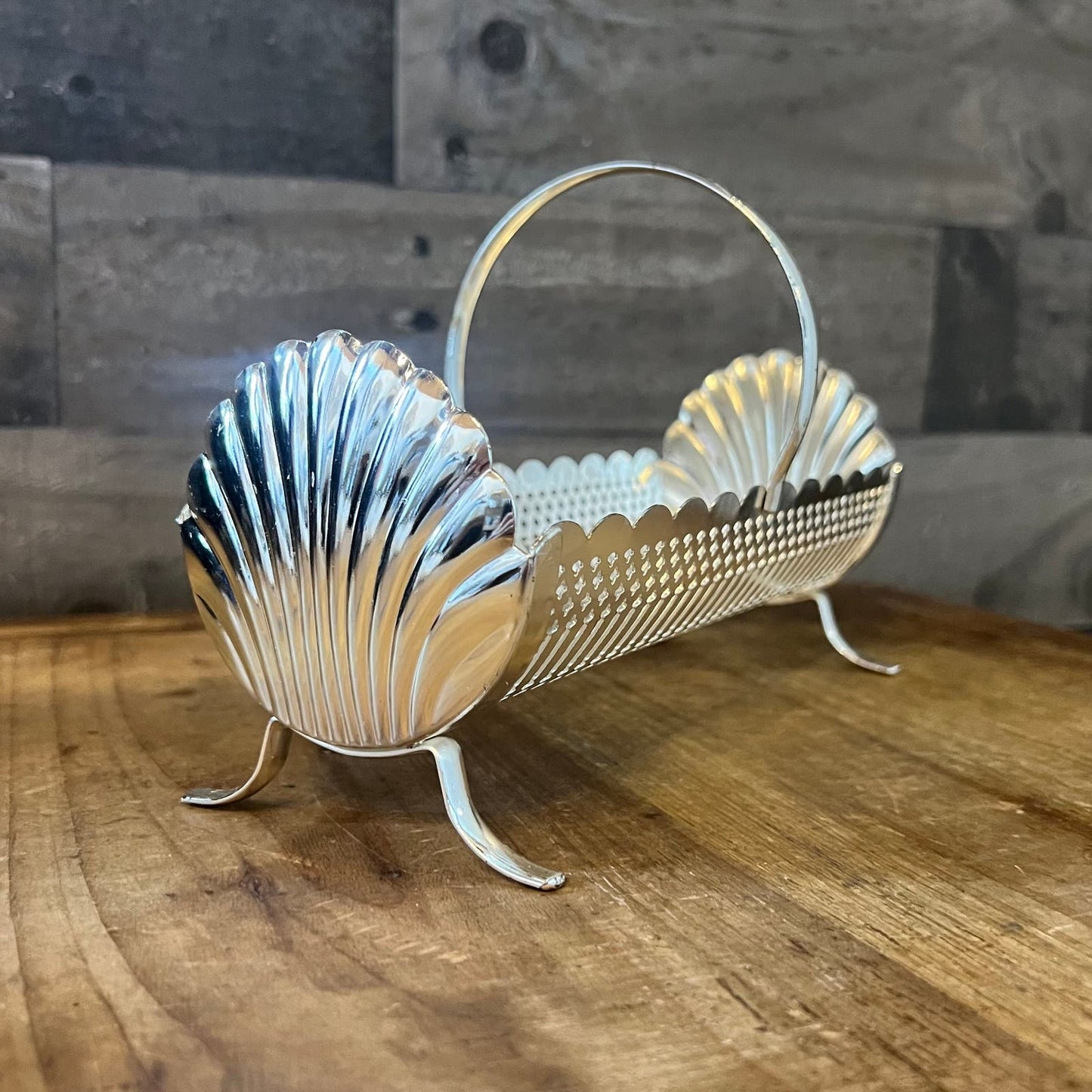 Vintage Silverplated Shell Accent Footed Cracker Tray Basket
