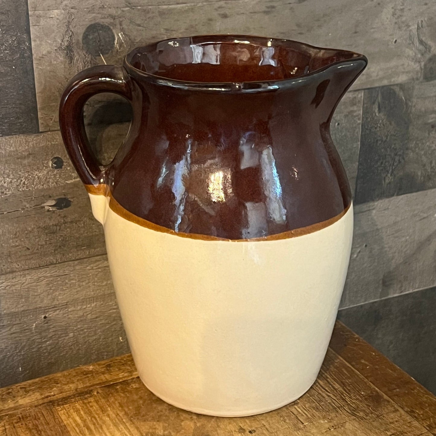 Vintage Rustic Stoneware Handled Brown and Beige Pitcher Jug
