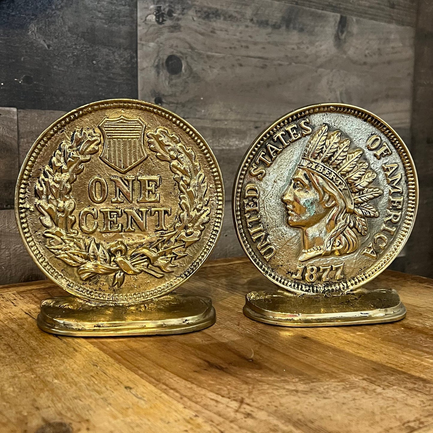 Rare Solid Brass Indian Head Cent 1877 Bookends - Brass Penny Bookends