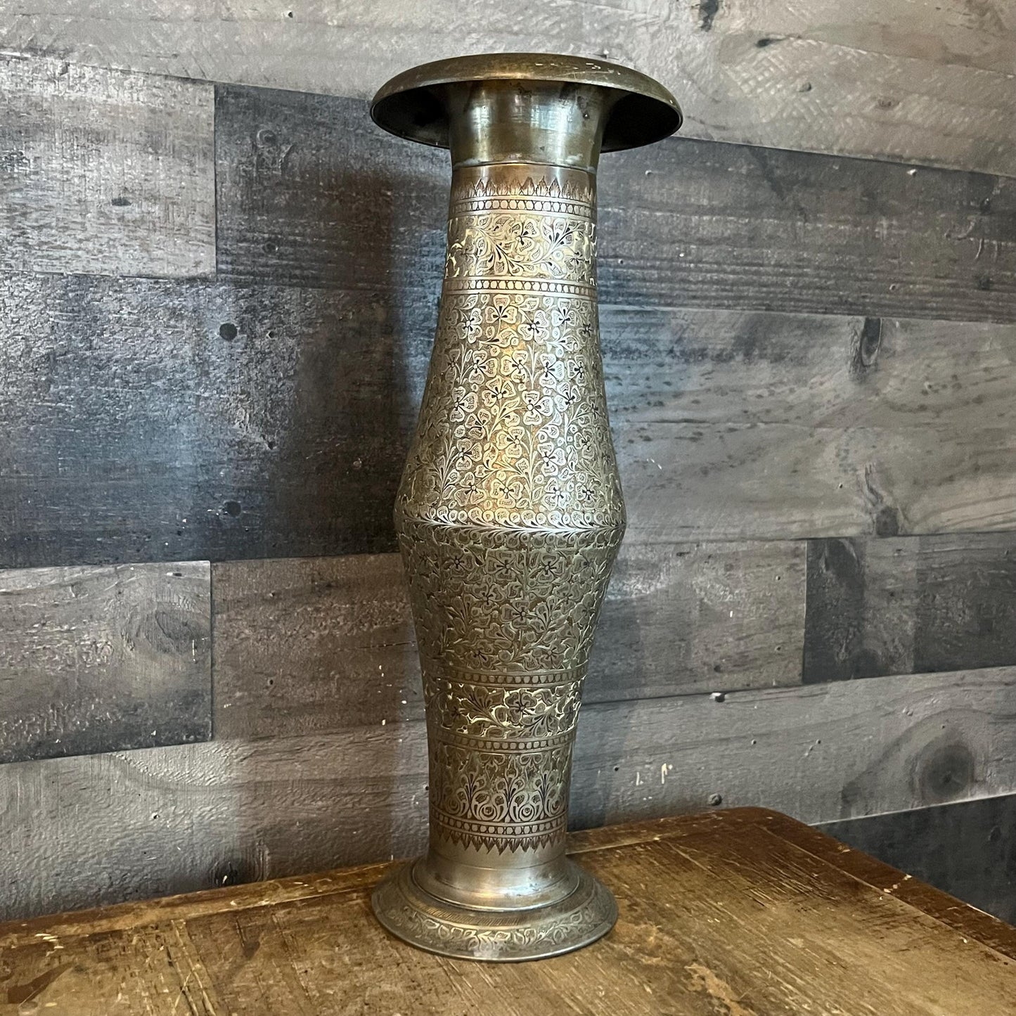 Tall Vintage Etched Brass Vase