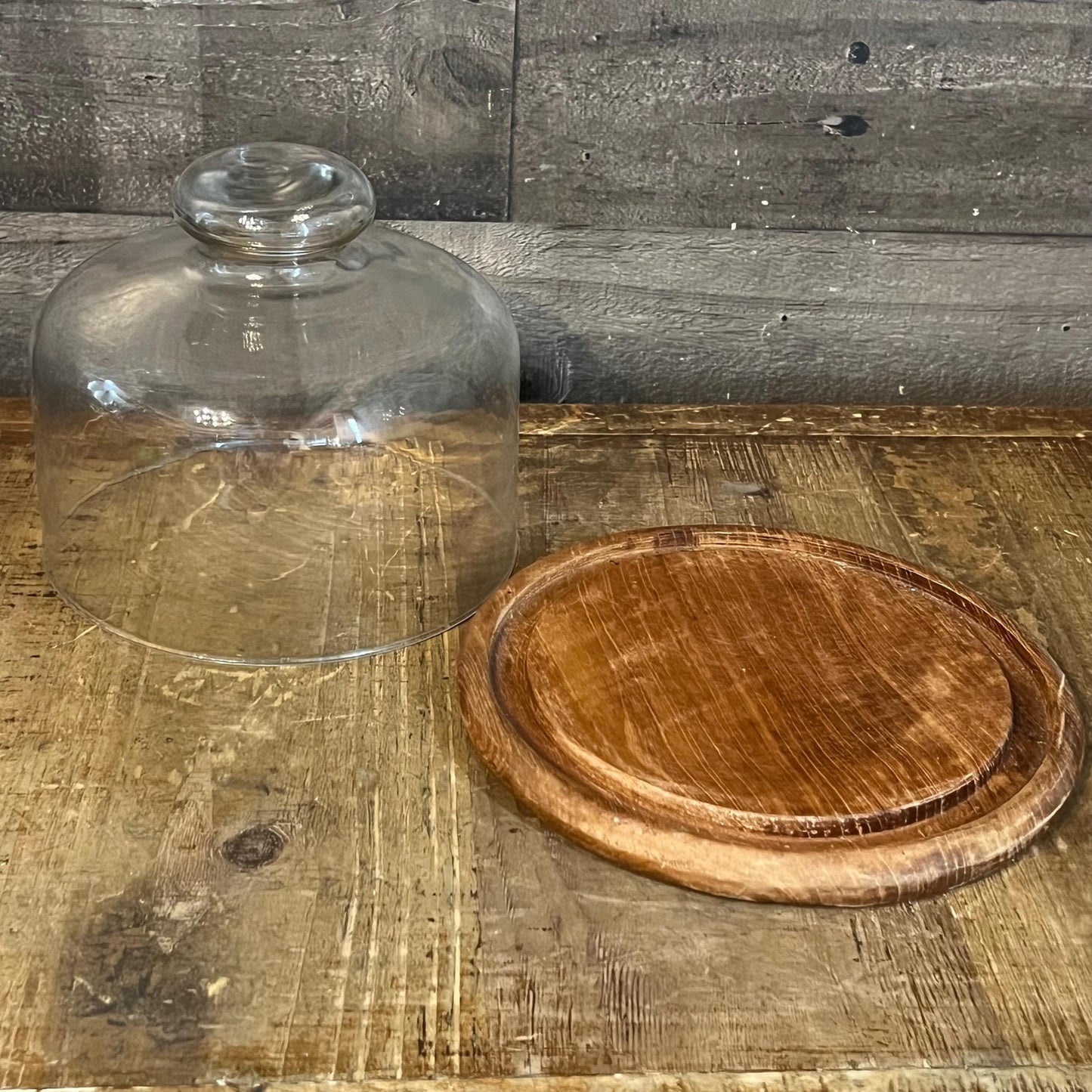 Vintage Round Dolphin Teakwood Cheese Board and Glass Dome
