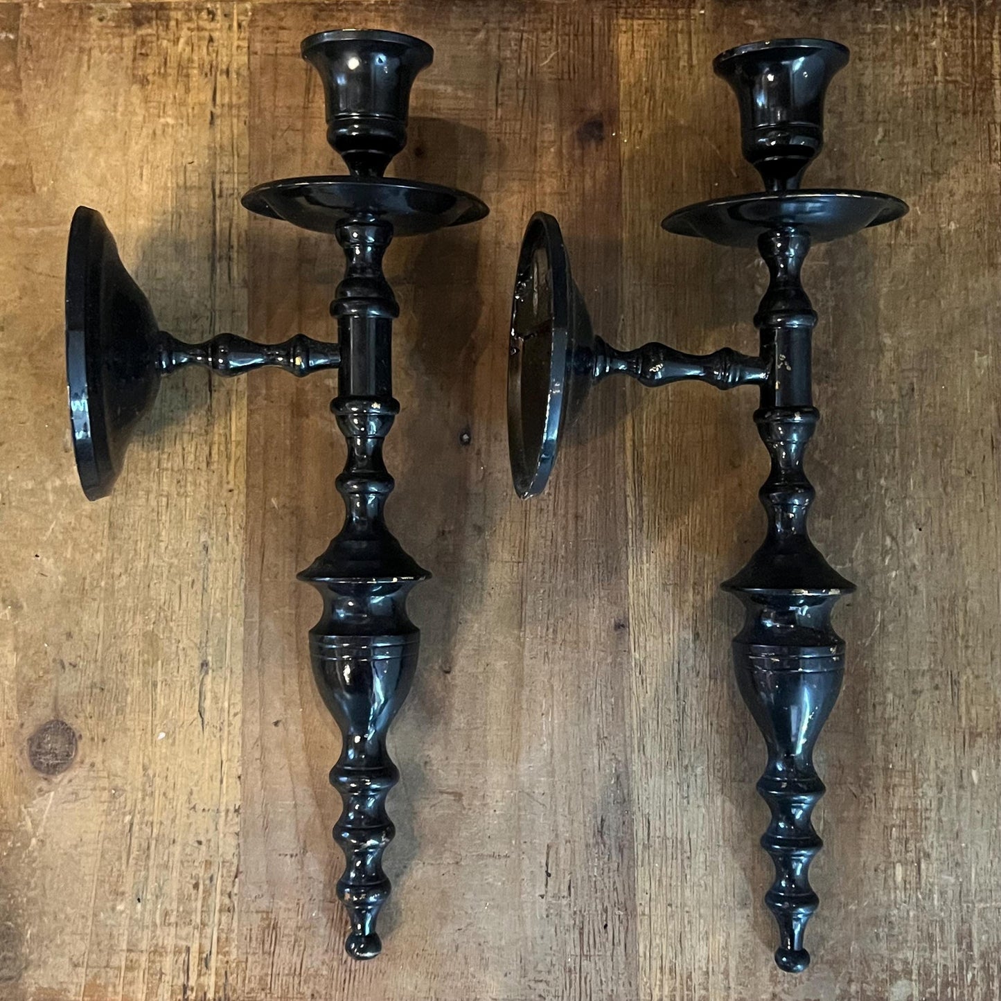 Vintage Black Painted Brass Candlestick Holder Wall Sconces - Pair