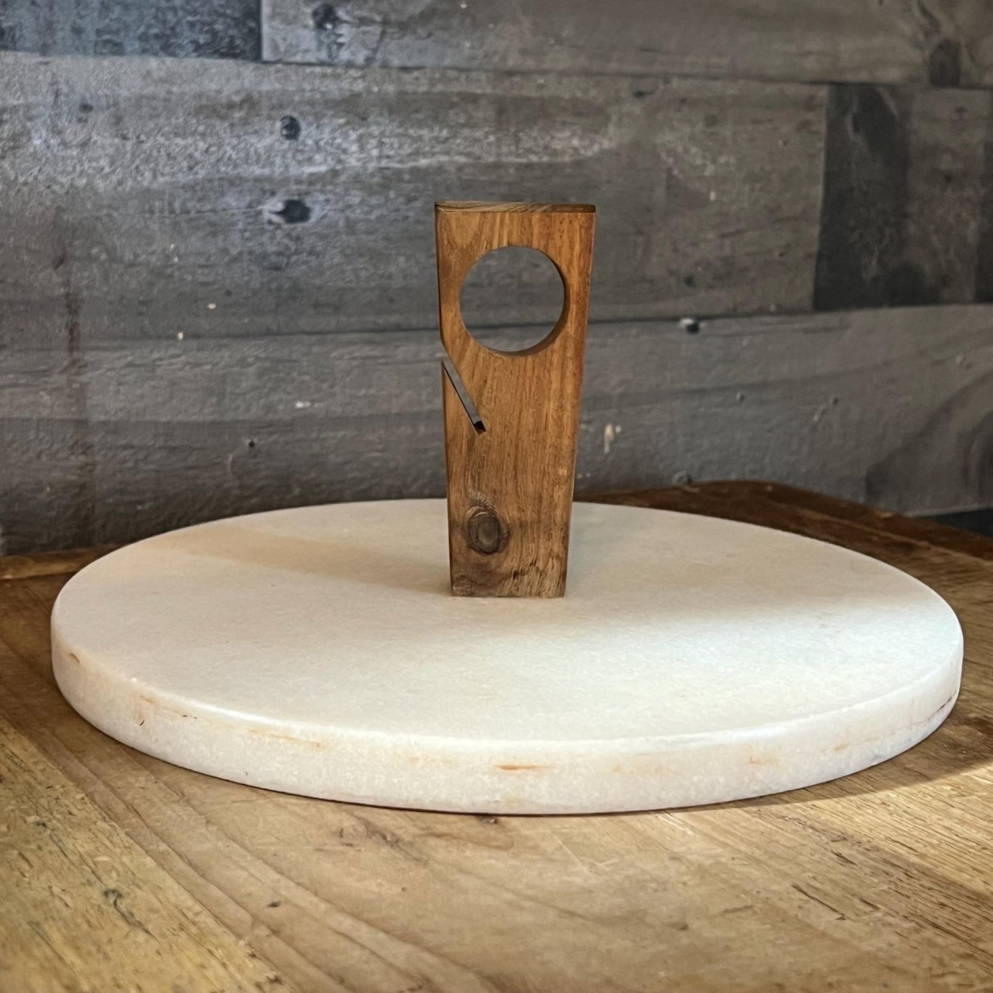Round Marble Serving Tray with Wooden Handle and Knife Holder