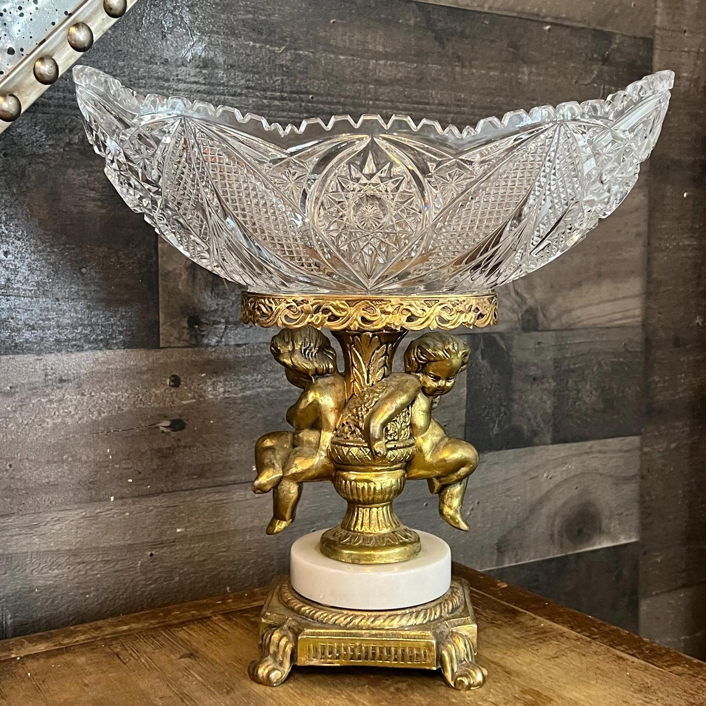 Vintage Thick Cut Crystal Oval Bowl with Gold Tone Brass Cherub Angel Pedestal and Marble Footed Base