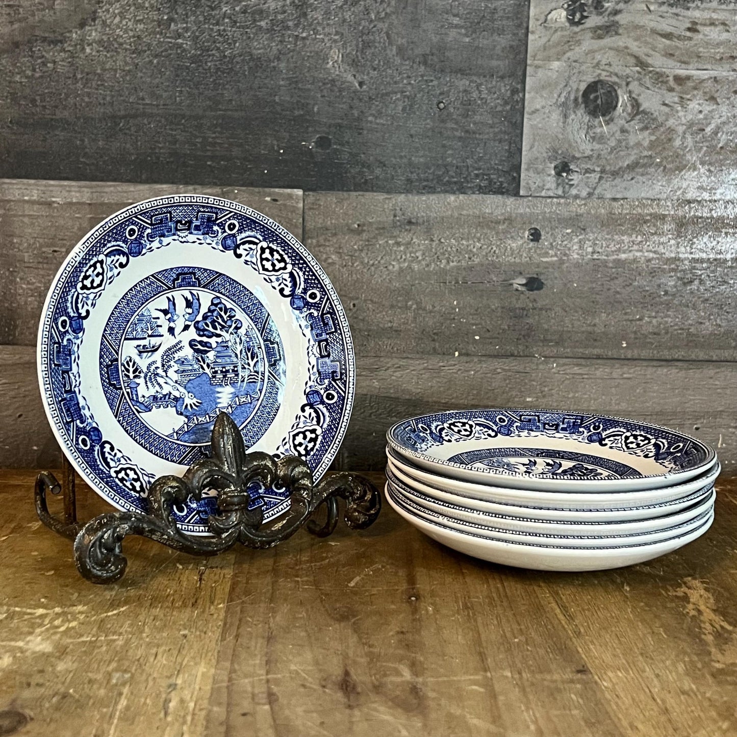 Old Willow English Ironstone by Washington Pottery Straffordshire England Blue and White Small Plates - Set of 7