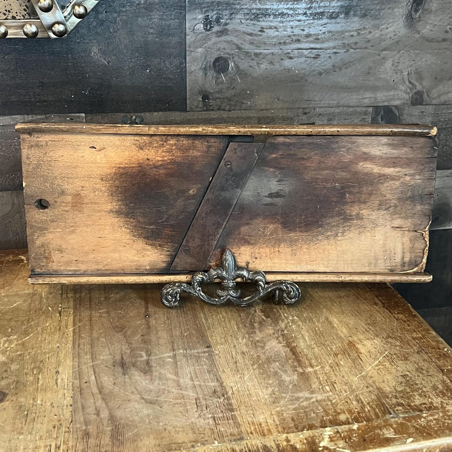Antique Rustic Wooden and Metal Rectangular Slicer - Primitive Kitchen - Cabbage Cutter