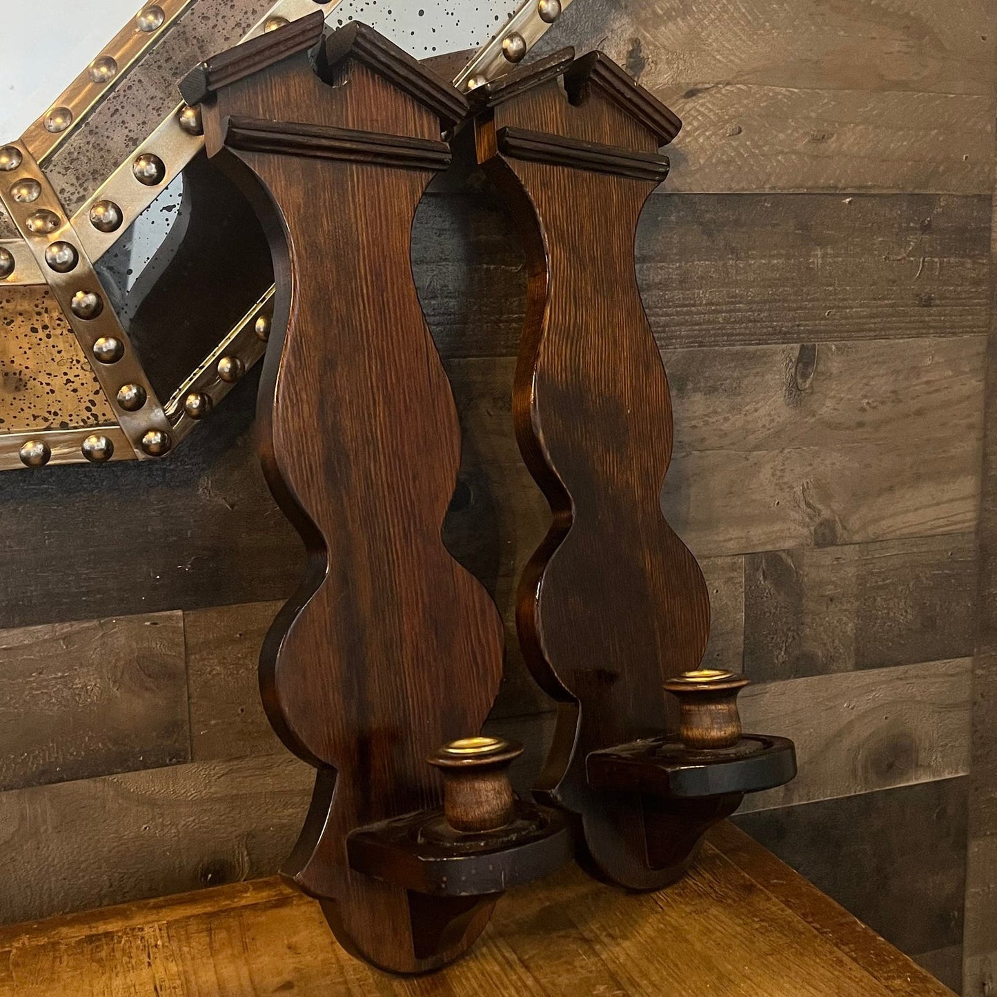 Vintage Pair of Wooden Candlestick Wall Sconces