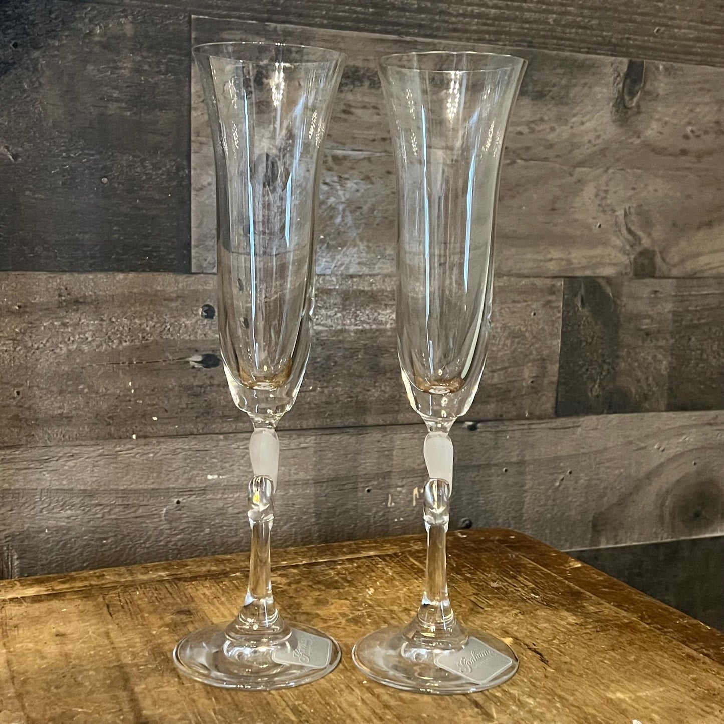 Gorham Crystal Heart Stem Amore Toasting Champagne Flutes - Pair