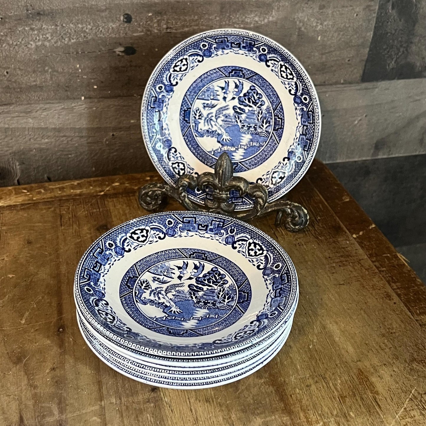 Old Willow English Ironstone by Washington Pottery Straffordshire England Blue and White Small Plates - Set of 7
