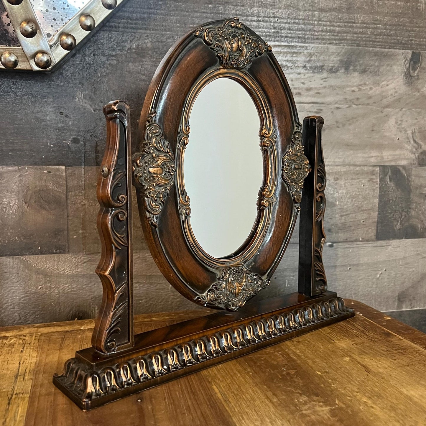 Vintage Small Brown Victorian Baroque Style Mirror on Swivel