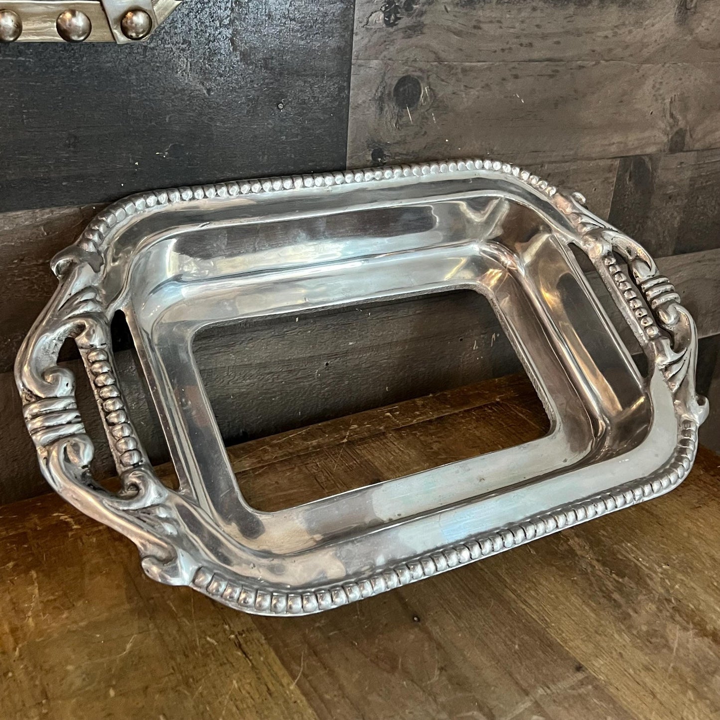 Vintage Ornate Pewter Tone Handled Rectangular Casserole Dish Holder