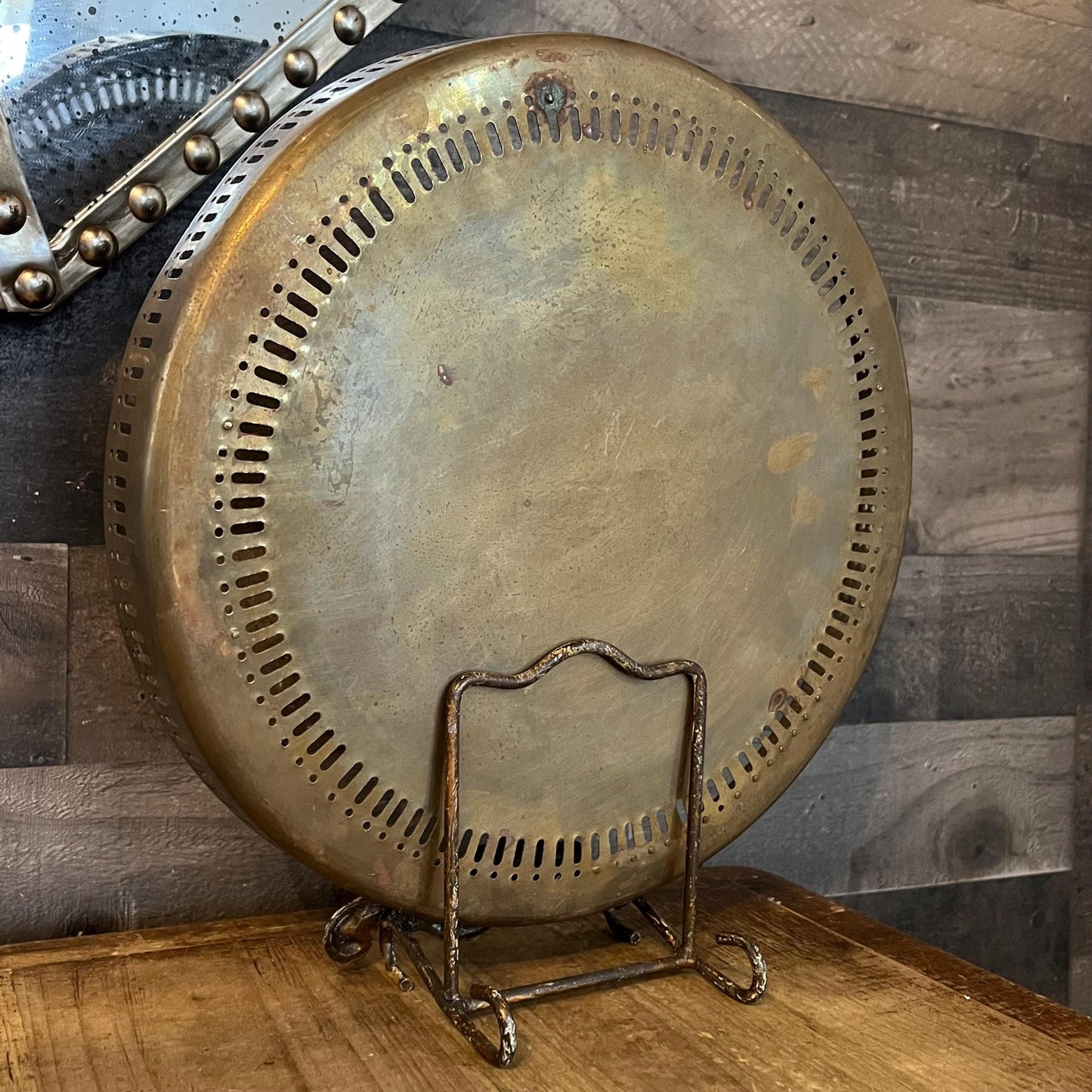 Vintage Brass Round Tray with Reticulated Edge