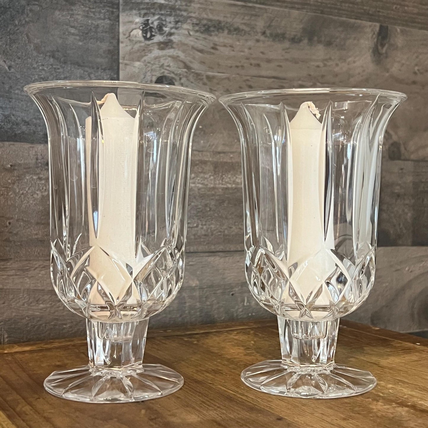 Vintage Pair of Crystal Hurricane Candlestick Holders