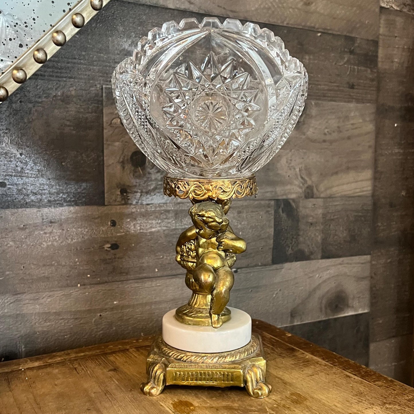 Vintage Thick Cut Crystal Oval Bowl with Gold Tone Brass Cherub Angel Pedestal and Marble Footed Base