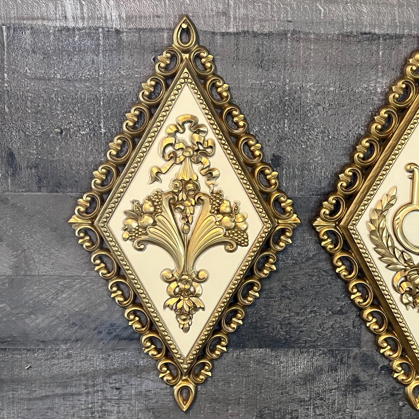 Vintage Homco Diamond Shaped Gold and Beige Tone Wall Plaques - Set of 3